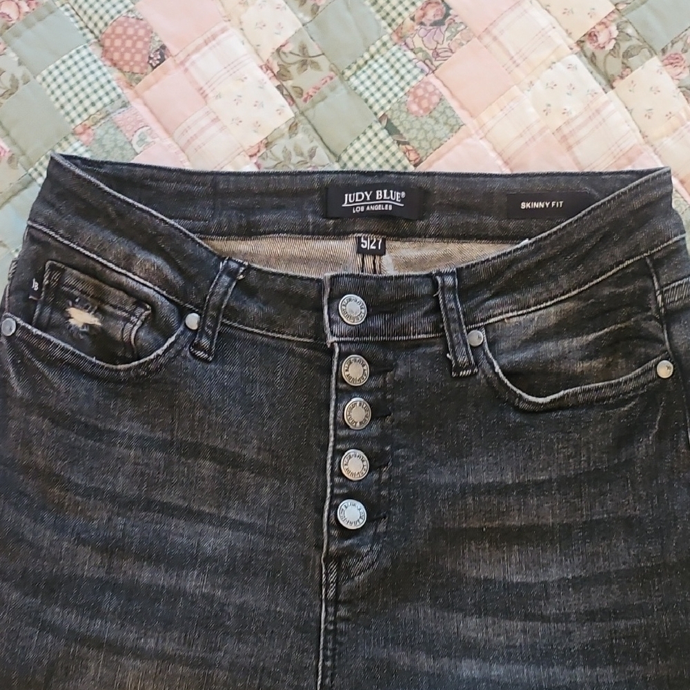 Judy Blue -Five Button Fly Skinny Fit -Black Distressed Jeans  - Size 5/27 - Picture 6 of 11